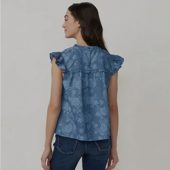 LC Lauren Conrad Ruffle High-Neck Blouse Blue Floral Size XXL - Picture 2 of 6